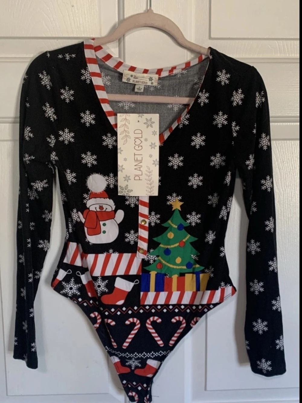 Planet Gold Christmas Thong Bodysuit  Snowman Tree Candy Cane Snowflake NWT M